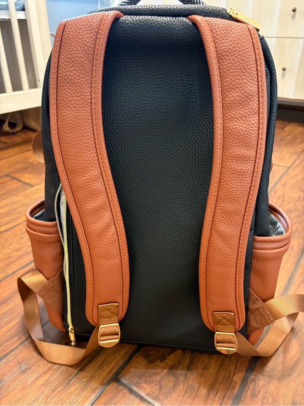 Itzy Ritzy Black Herringbone, White & Brown Backpack Purse - Picture 9 of 11